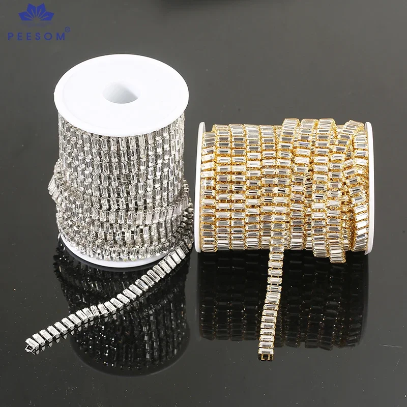 Peesom 3x7mm Rechteck Kristall Strass Ketten besatz Silber/Gold Klaue Klarglas Baguette Kette DIY Brautkleid auf Trim nähen