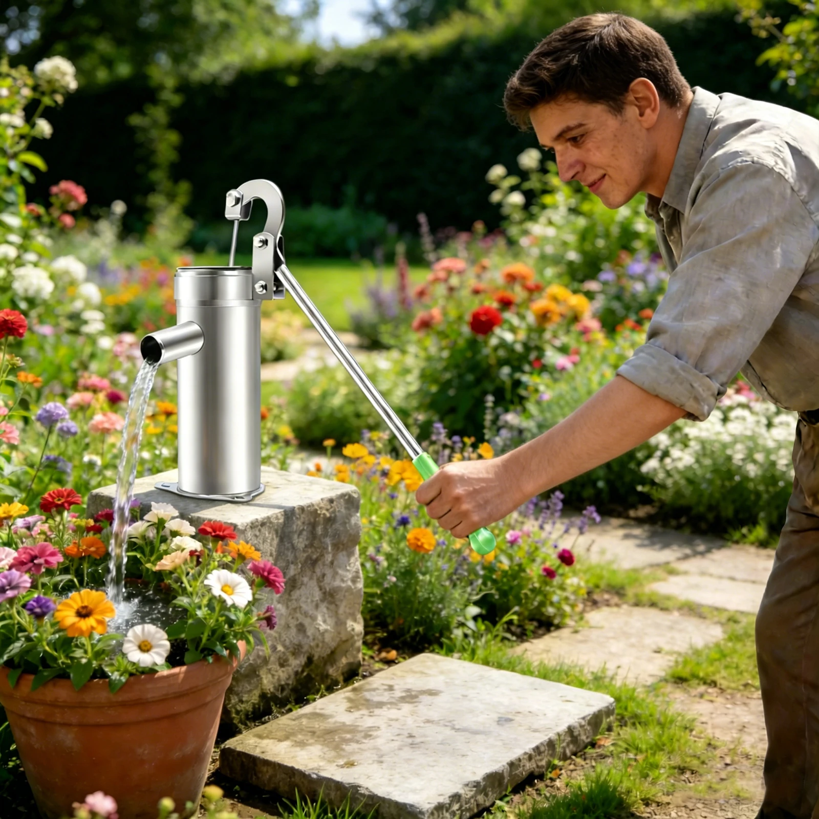 Manuelle Wasserstrahlpumpe aus Edelstahl, Saugpumpe für Hausbrunnen, Handbetriebene Saugpumpe für Grundwasser im Haus, Garten und Hof – Detail 12