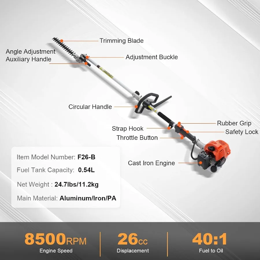 أداة تشذيب التحوط بالغاز بدورتين مع عمود تمديد 15.7 بوصة 26cc أداة تشذيب التحوط القطبية تعمل بالغاز مع شفرة مزدوجة الجوانب I #3