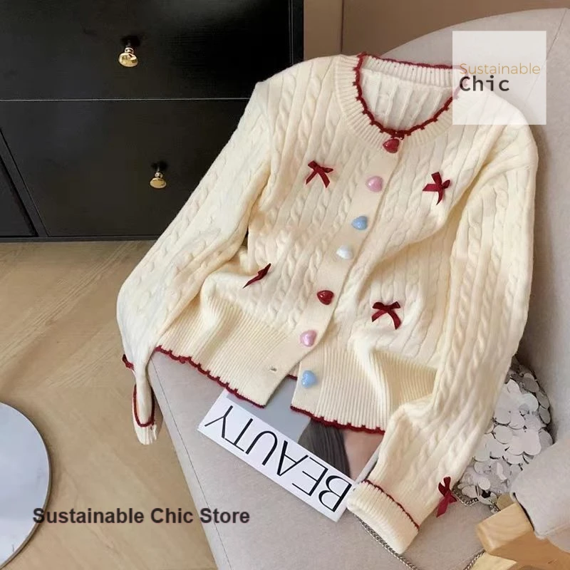 

French style sweet knit embroidery short sweater coat women's spring and autumn new bow fashion Joker casual shirt cardigan