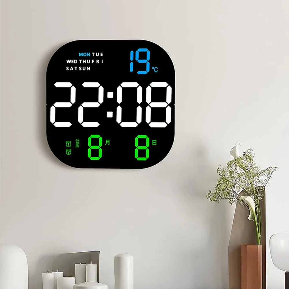 

LED Digital Wall Clock Adjustable Brightness Time Temperature Date Display Wall-mounted Remote Control Electronic Alarm Clock