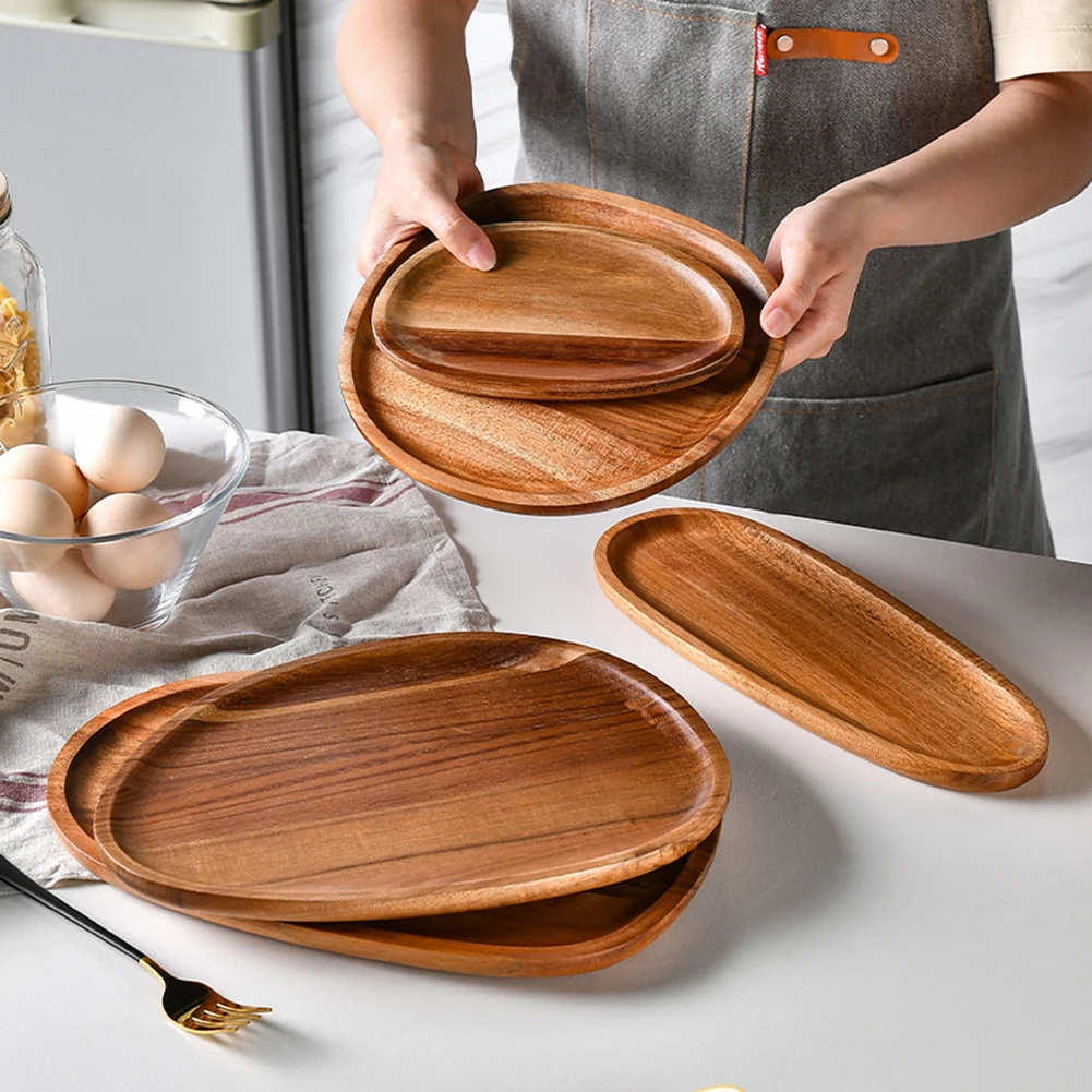 1pc Solid Wood Food Tray Oval Dessert Plate Wooden Snack Fruit Tea Saucer Pallet Bread Board For Dishes Snack Fruit Dessert