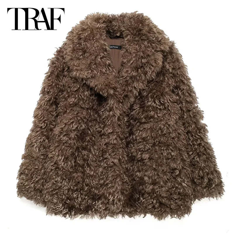 TRAF Fur Coat Women 2024 Woman Brown Teddy Jacket Women\'s Bomber Jacket Autumn Winter Fluffy Long Sleeve Outerwears Casual Coats