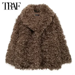 TRAF Fur Coat Women 2024 Woman Brown Teddy Jacket Women's Bomber Jacket Autumn Winter Fluffy Long Sleeve Outerwears Casual Coats