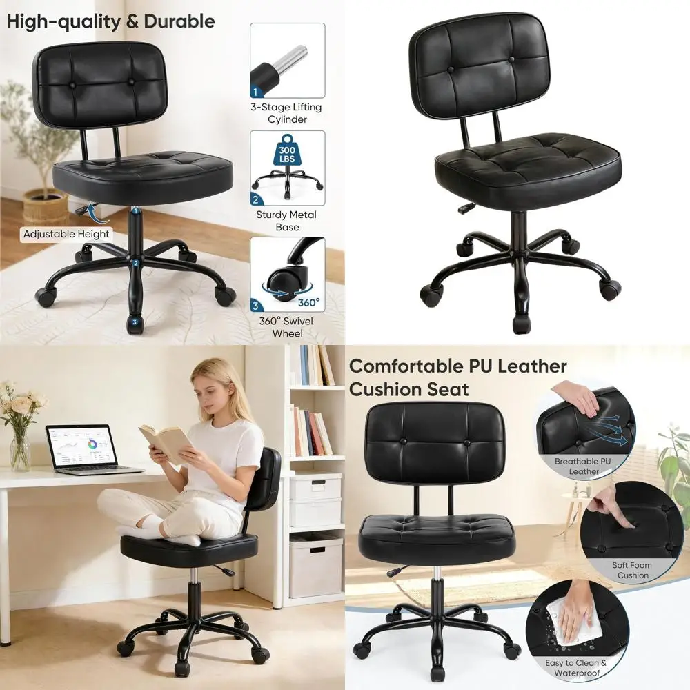 

Ergonomic PU Leather Armless Rolling Computer Chair with Lumbar Support and Adjustable Height for Home Office, Vanity, Bedroom -