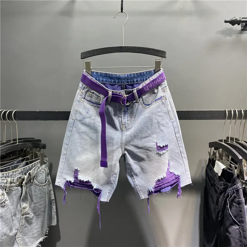 Y2K Purple Liner Distressed Denim Bermuda Shorts With Belt Ripped Frayed Hem High Waist Loose Wide Leg Jean Shorts Women