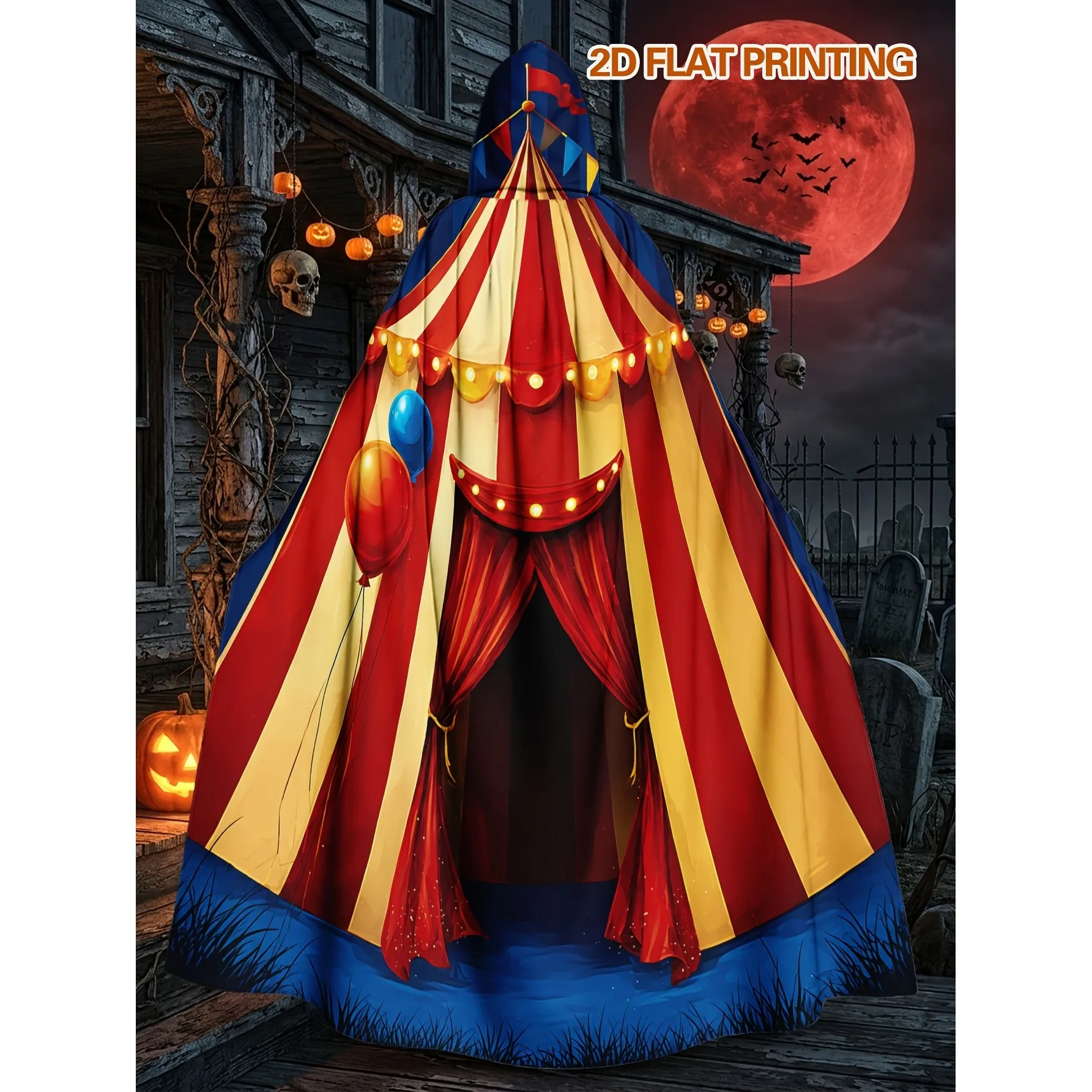 Circus Tent Print Hooded Cape for Adults, Halloween Cosplay Costume, Themed Party Accessory