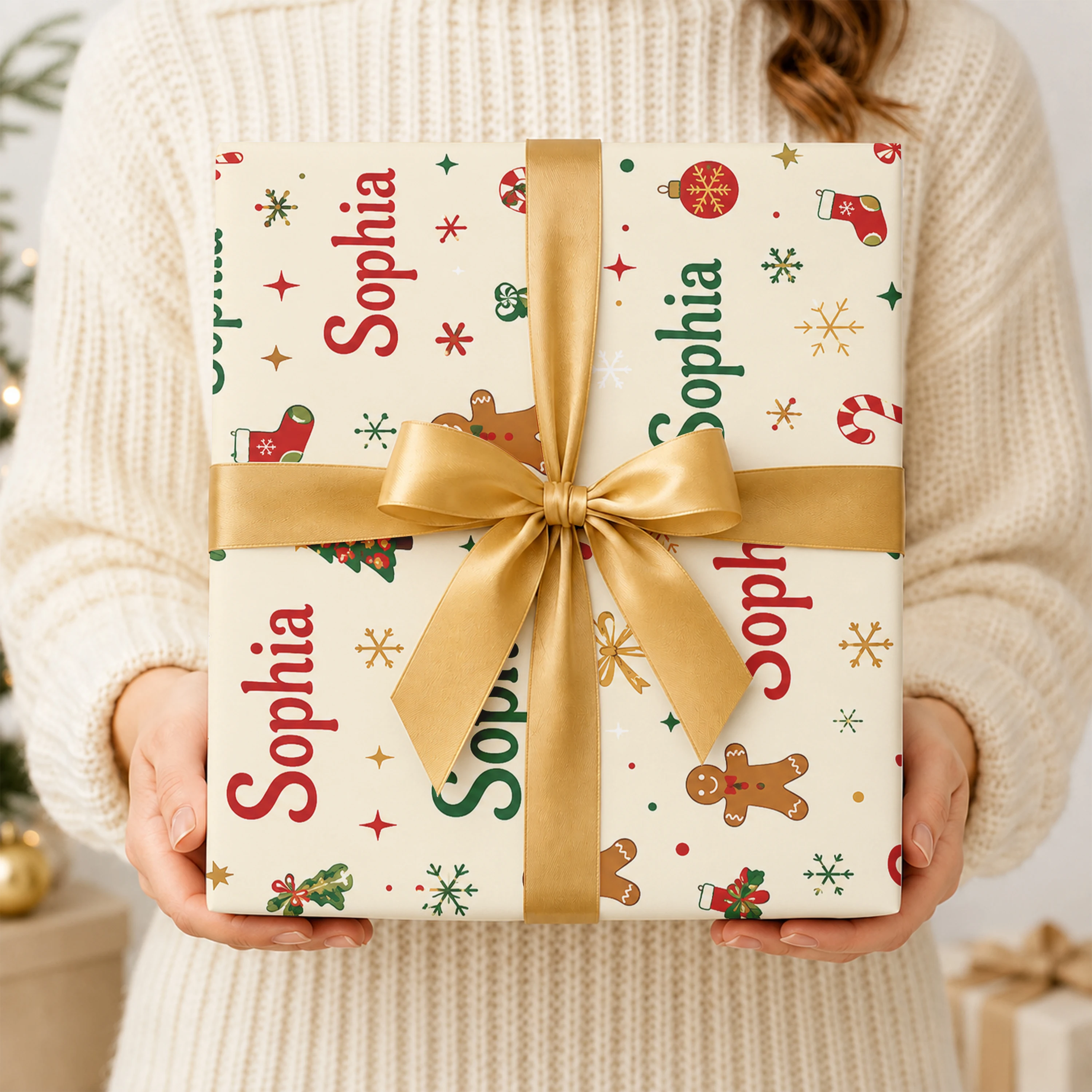 3 Sheets Personalized Christmas Wrapping Paper, Custom Name A3 Gift Wrap, Gingerbread Candy Cane Design for Xmas Gifts