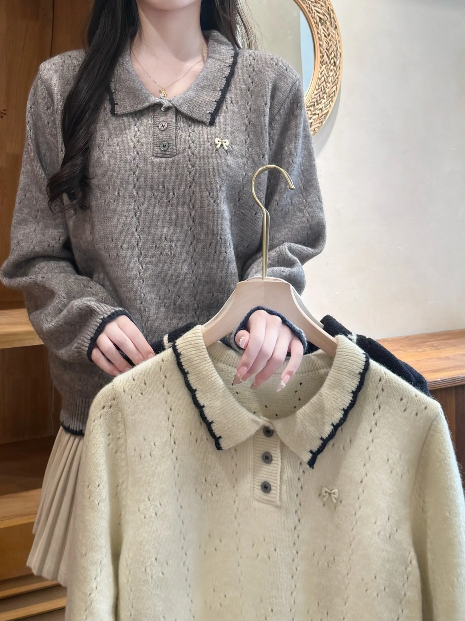 

Sweet Knot Long Sleeve Knitted Sweater plus Size Autumn Winter New Style Slimming Versatile Design Hollow out Knitwear