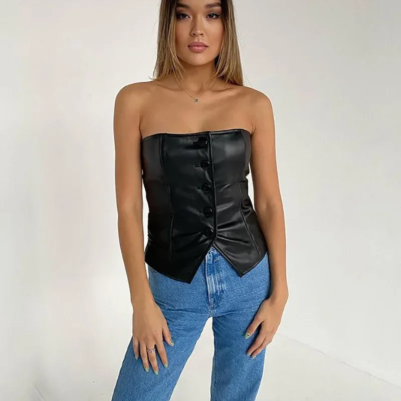 Tie Bandage Tight Sexy Streetwear Party Fall/winter Club Single-breasted Short Pu Faux Leather Corset Vest Tube Top Corset Top