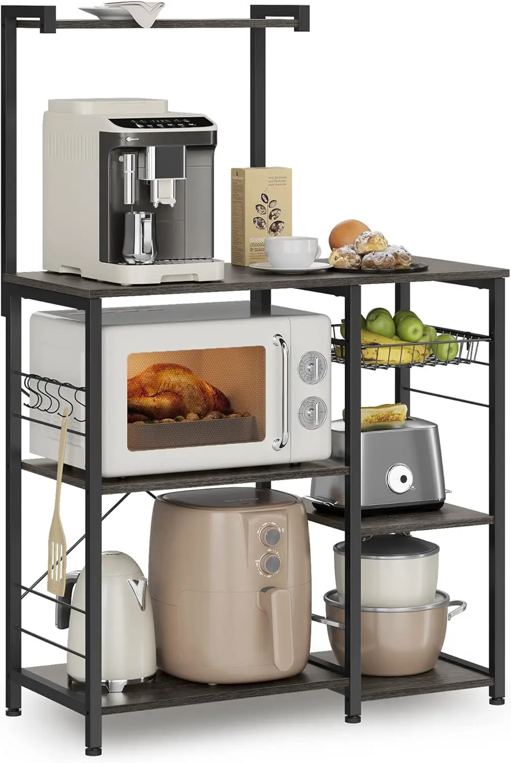 

Baker's Rack, Microwave Stand, Kitchen Storage Rack with Wire Basket, 6 Hooks, and Shelves, Charcoal Gray and Ink Black