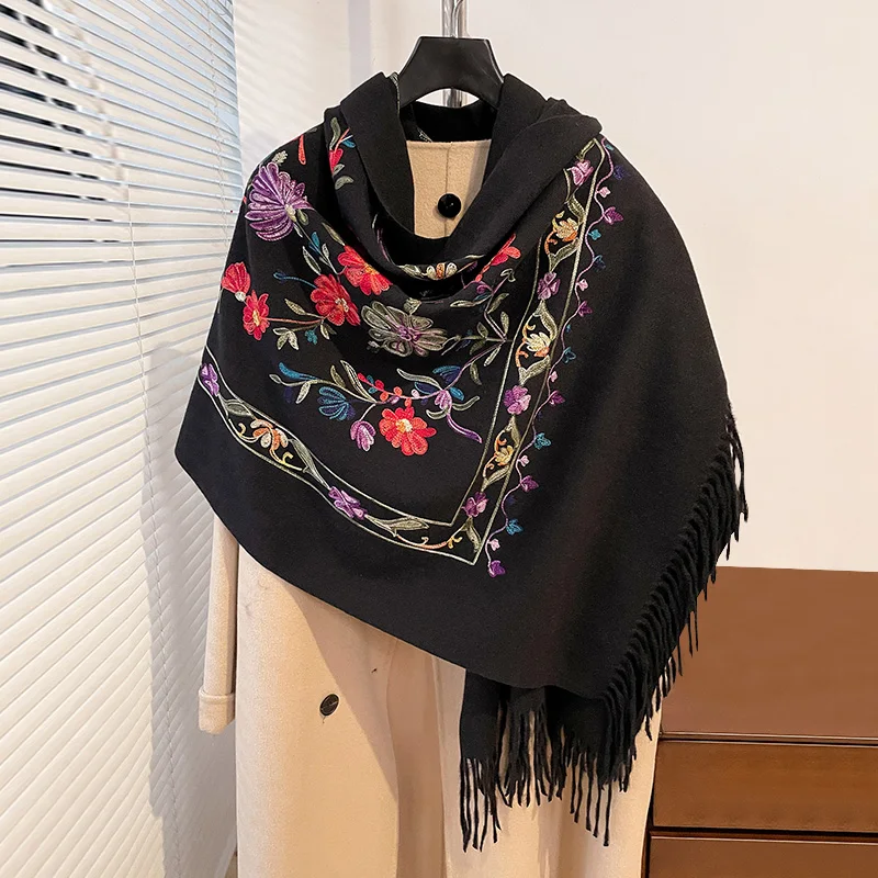 Luxury Winter Embroidery Cashmere Scarf Women New Design Warm Pashmina Blanket Poncho Scarves Female Shawl Thick Foulard Bufanda