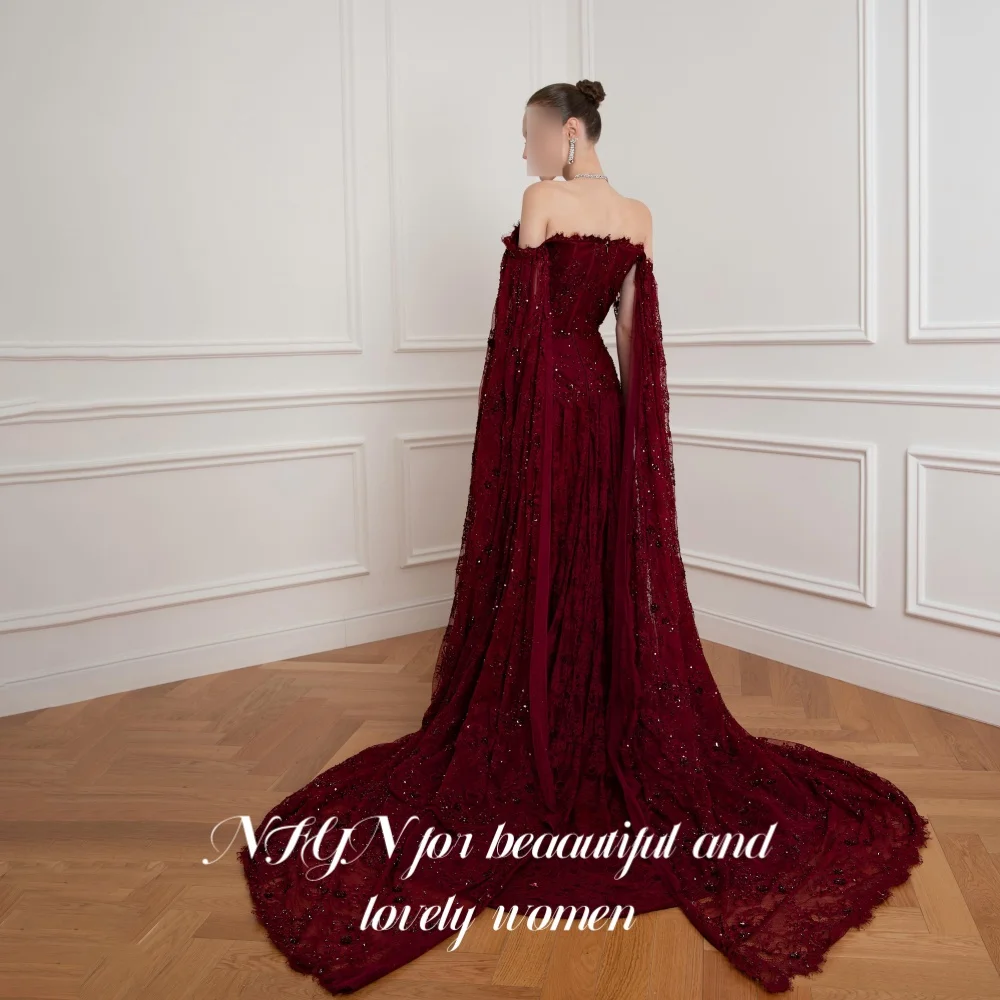 NFYN Exquisite Burgundy Off Shoulder Evening Dress Beaded Prom Gown Lace Cape Sleeve Long Train A Line Party Dresses Customized