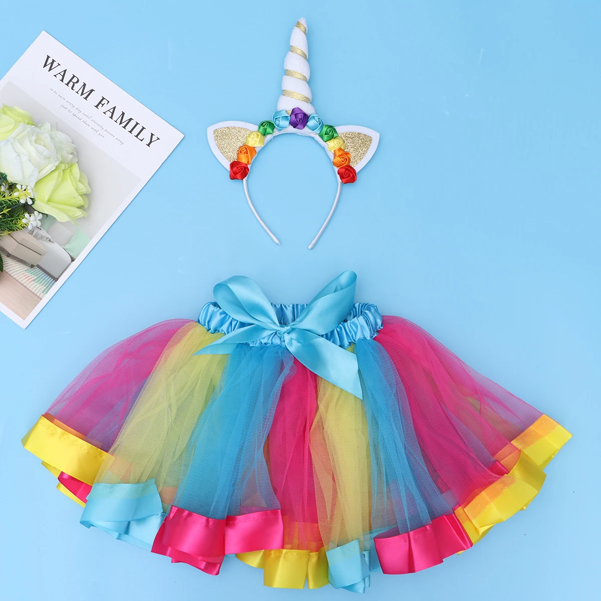 

Unicorn Costume For Girls Kids Rainbow Tutu Skirt Set Baby Dress Half-Length Unicorn Headwear Sky Blue Adjustable Ribbon