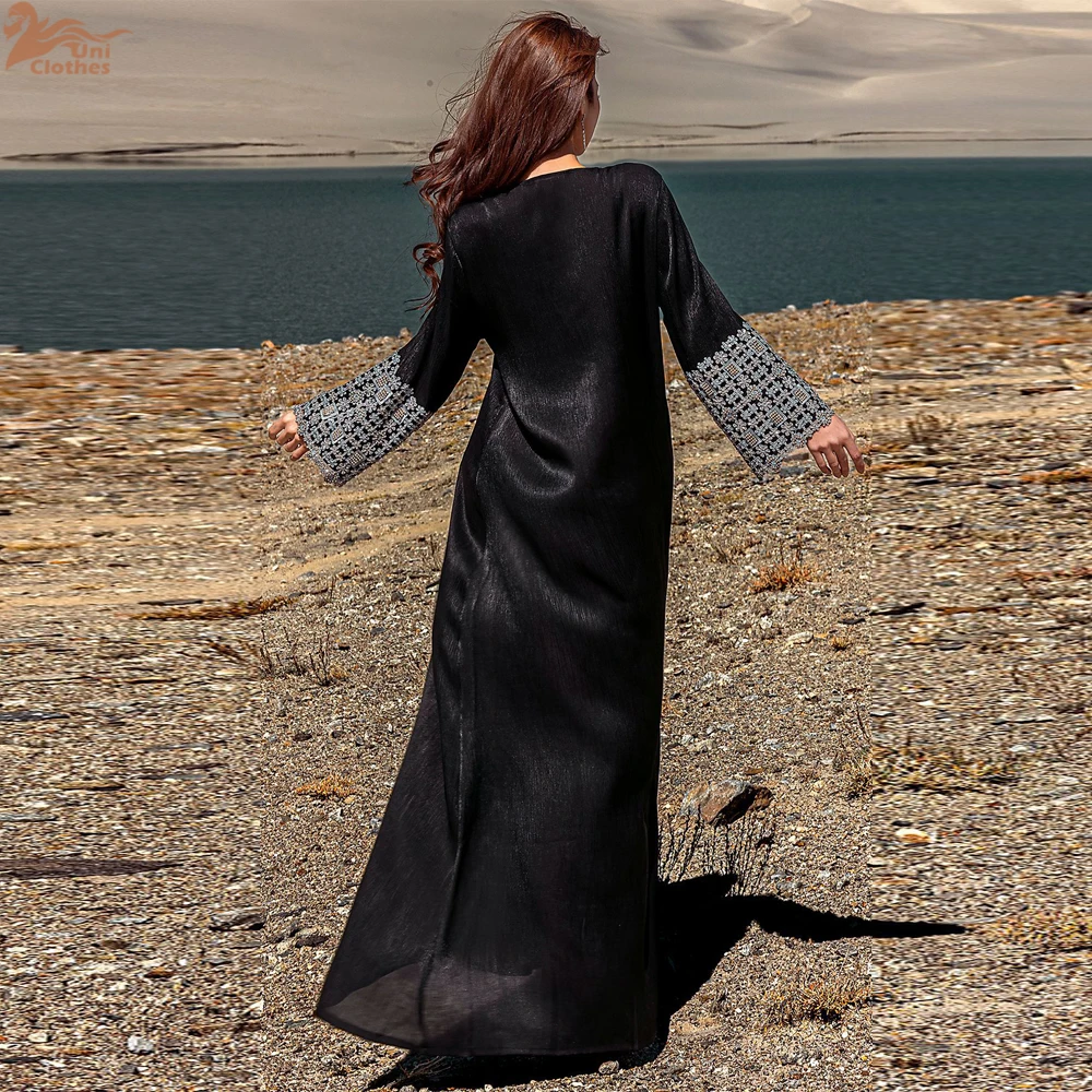 Eid Djellaba Embroidered V-Neck Long Dress for Women Muslim Abaya Kaftan Turkey Beads Lace Caftan Dubai Musulmane Femme Vestidos