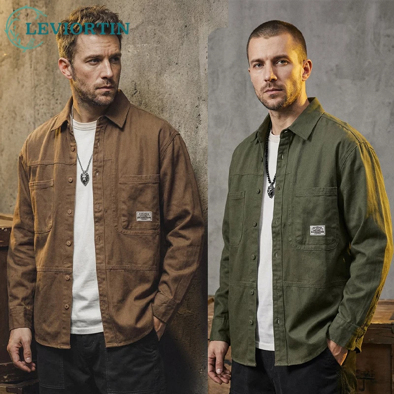 Men Outdoor Utility Workwear Shirts Spring Autumn Fashion Versatile Wash Pure Cotton Long Sleeve  Button Down Loose Cargo Shirt