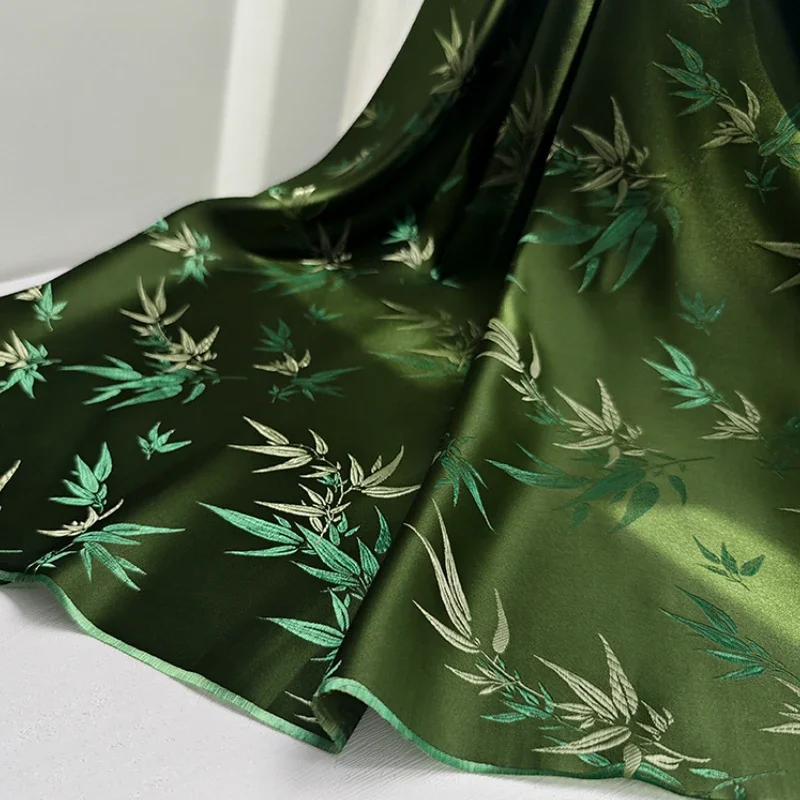 New Chinese Green Bamboo Leaf Jacquard Micro Light Satin Bamboo Pattern Retro Chinese Style Half Skirt Bag Tablecloth Fabric