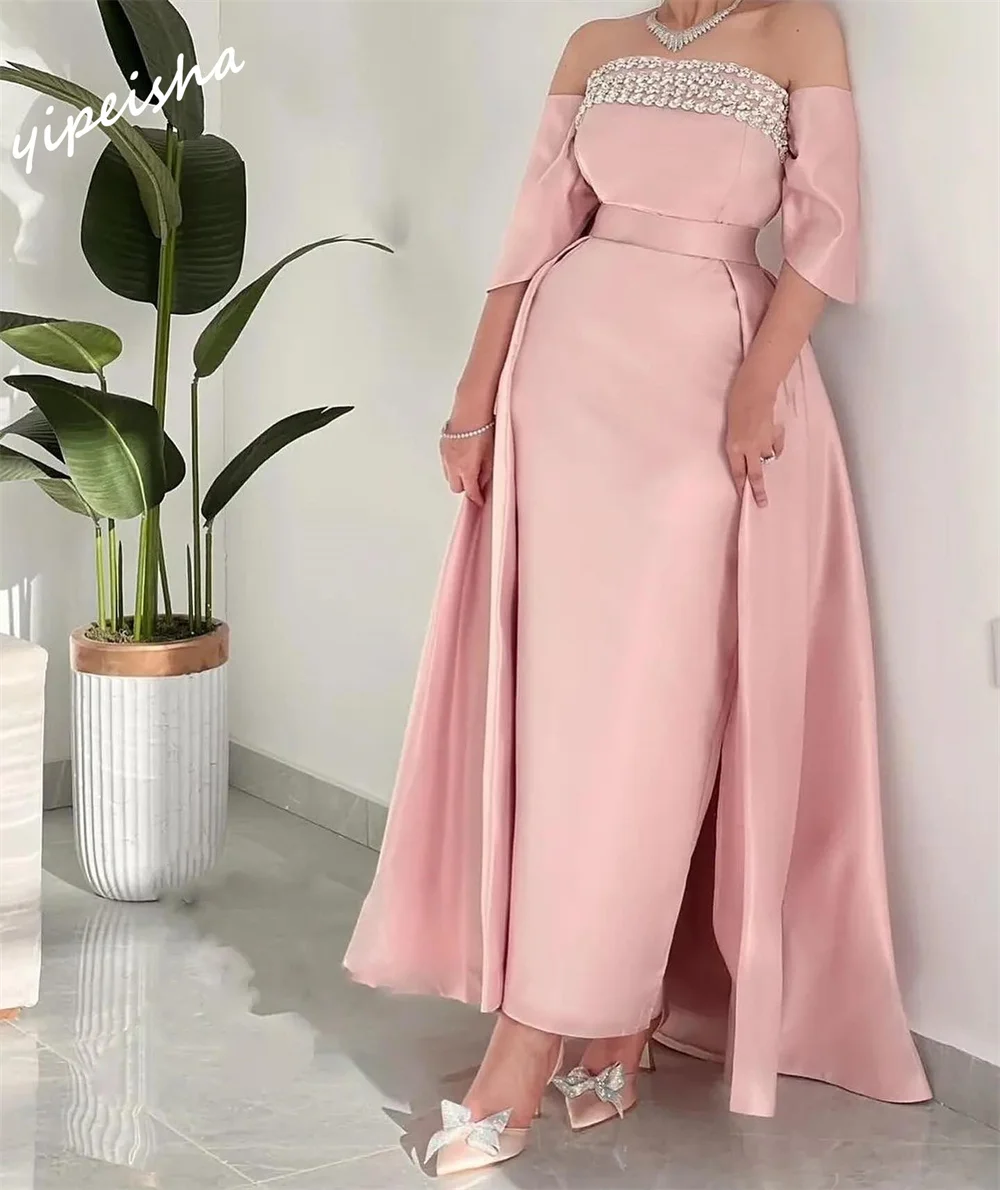 Indah Off-the-shoulder A-line Anke panjang berlian imitasi imitasi Satin disesuaikan gaun