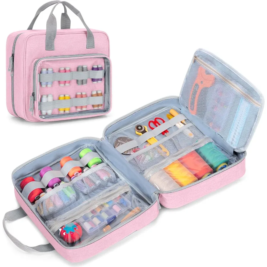 

LUXJA Sewing Storage Organizer with Folio Open Design Sewing Organizer Bag with Versatile Pockets for Sewing Kits Pink Ideal fo