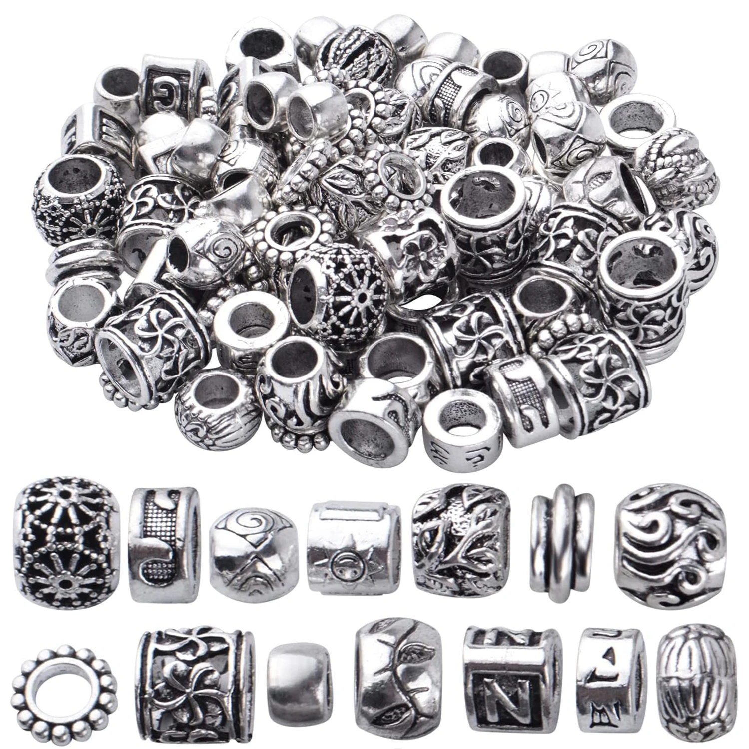 

100 г антикварных серебряных бусин-колонок, трубок, бочонков, круглых разделительных бусин с большим отверстием, из цинкового сплава, 4-30 мм, для изготовления ювелирных изделий своими руками