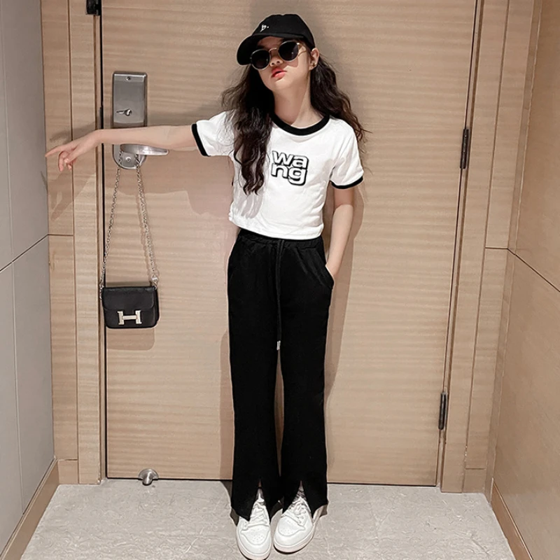 

Fashion Girls Clothes Outfit Summer Letter Top & Loose Pants 2 Pieces Set Teenage Girl Trendy Tracksuit Bell-bottom Trousers