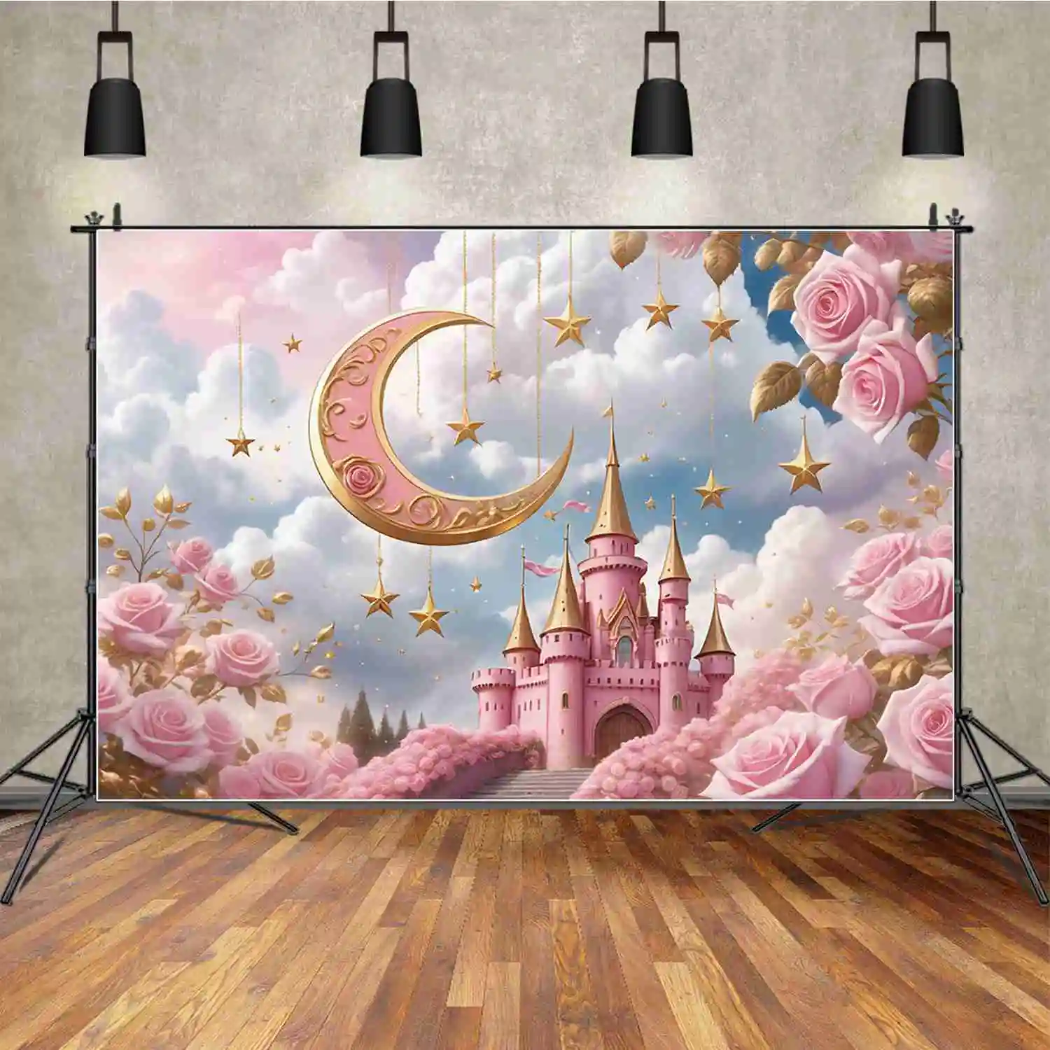 

MOON.QG Princess Pink Birthday Backgrounds Girl Gold Star Crescent Flowers Backdrop Customized Party Decoration Photozone Props