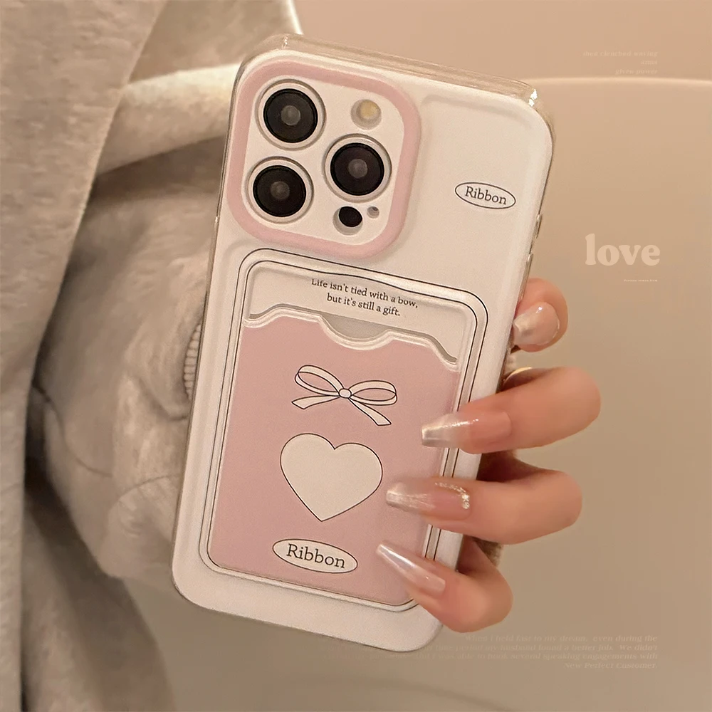 Ins pink bow love ribbon cartoon card package bag phone case for iphone 12 13 promax 15 14 plus pro max cool cover