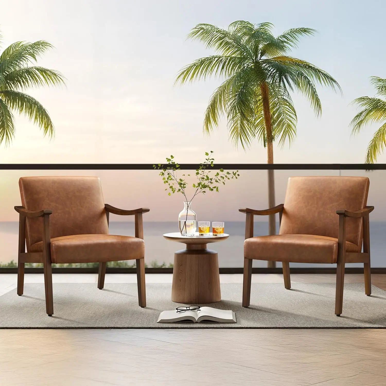 كرسي جلدي، كرسي بذراعين حديث من منتصف القرن مع أرجل خشبية صلبة، كرسي ترفيه للقراءة مع ظهر مرتفع لغرفة المعيشة