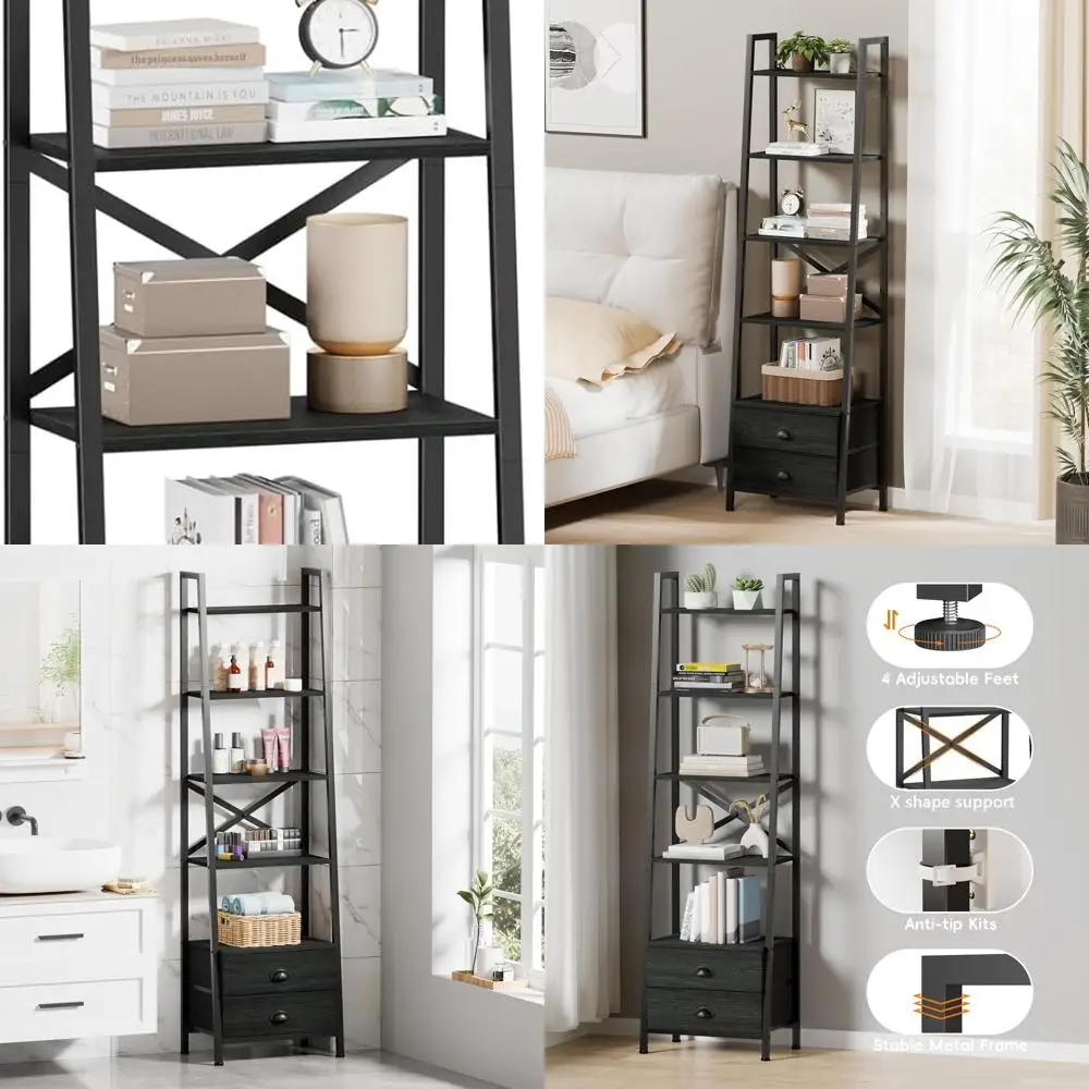 

5-Tier Industrial Style Bookshelf with 2 Drawers, Compact Metal and Wood Shelving Unit for Home and Office, Black Oak Finish