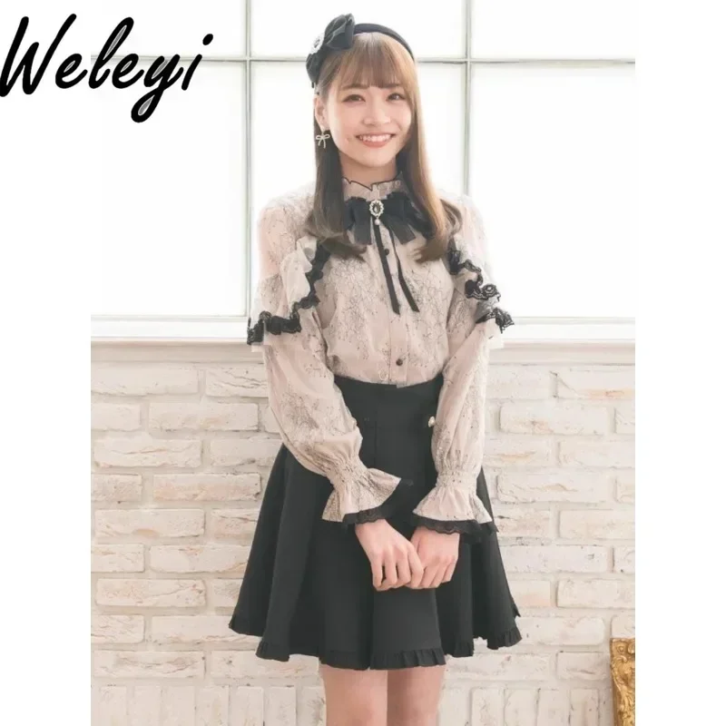 

Super Sweet Lolita Lace Shirts Women's Fashion 2024 Summer Versatile New Cute Bow Flared Long Sleeve Cloak Koszule I Bluzki Tops