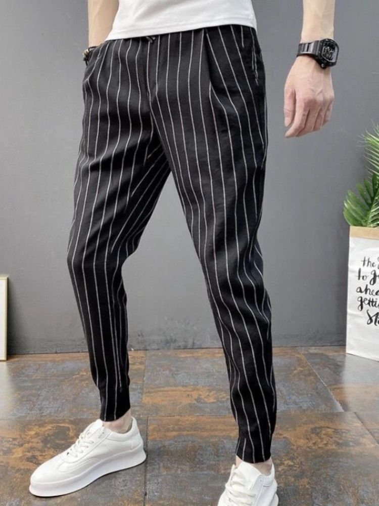 Slim Fit Striped Male Cropped Trousers New in Aesthetic Cheap Slacks Korean Style Fashion 2025 Vintage Sale Men's Casual Pants