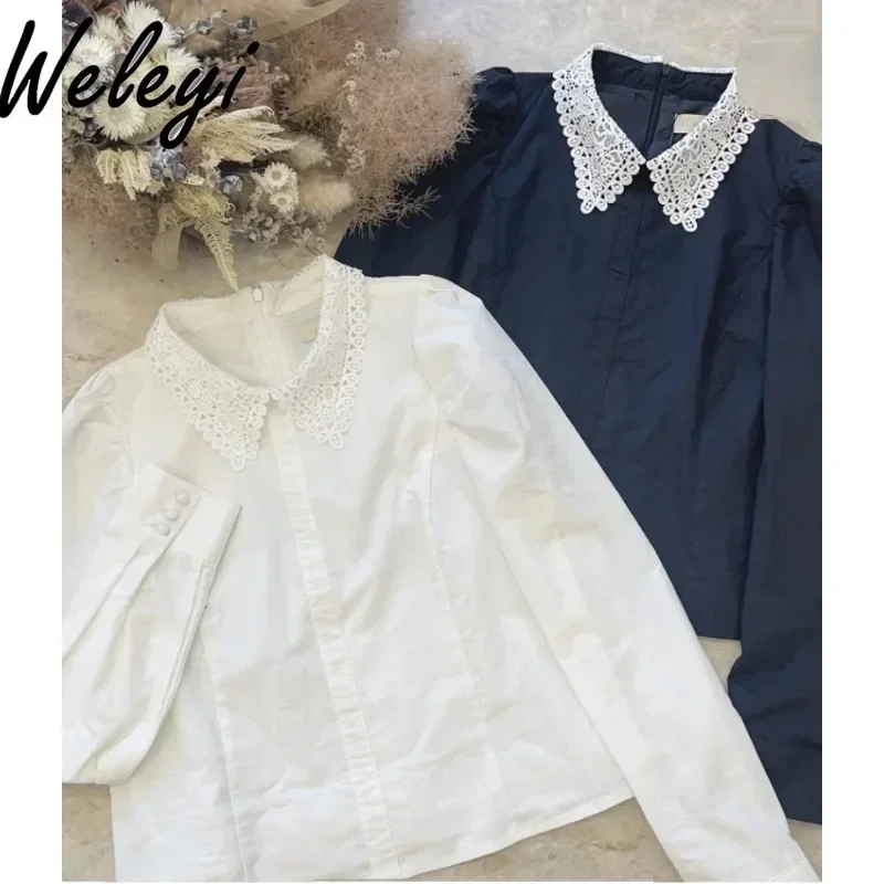 

Japanese Elegant Women's Shirt 2024 Autumn Commuter Lace Collar Bubble Long Sleeve Tops White Collar Bottoming Blouse Female