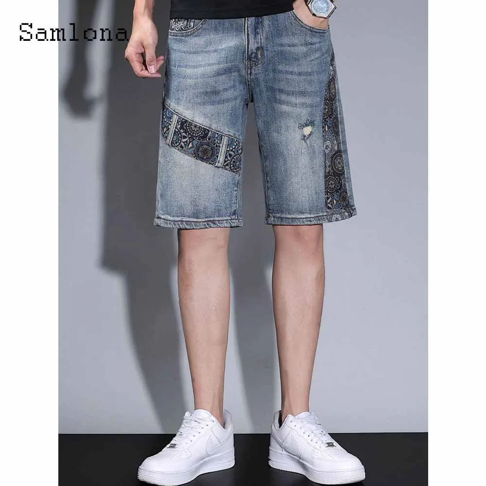 

Samlona Plus Size Men Fashion Street Demin Shorts 2023 Vintage harajuku Ripped Short Jeans Male Retro Print Half Straight Pants