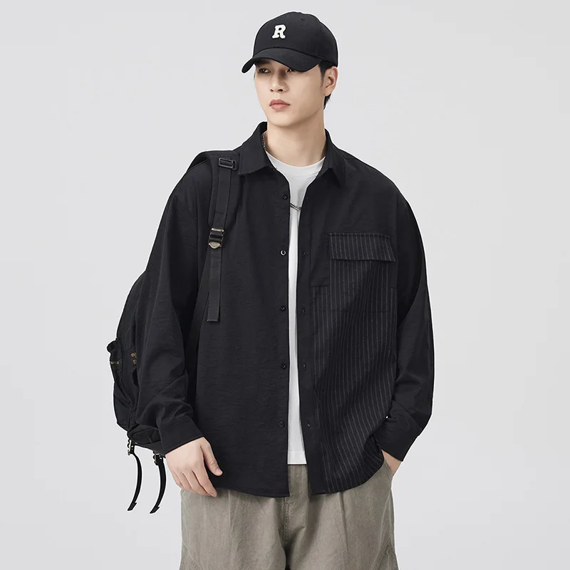 جديد الرجال المرقعة اللون كتلة قميص عالية الشارع غرامة شريط تصميم قميص الرجال فضفاضة تناسب تنوعا عادية طويلة الأكمام قميص