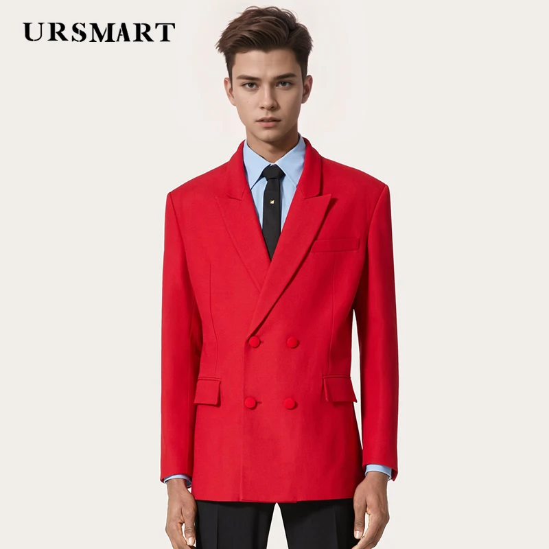 Classic Red Double breasted Buckle Collar Men's Casual Suit British Style Elegant Style Spring and Autumn Tailored Suit Coat