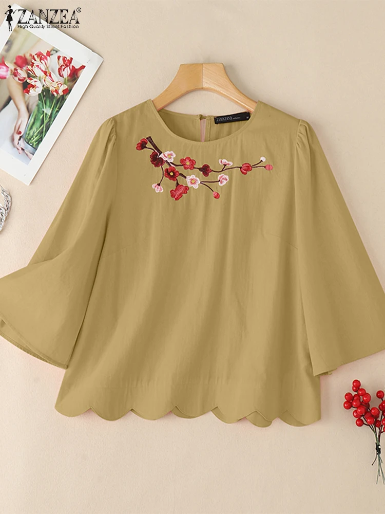 Women Embroidery Blouses ZANZEA Summer Office Shirts Casual O Neck 3/4 Sleeve Wave Cut Blusas Female Work OL Tops Oversize 2025