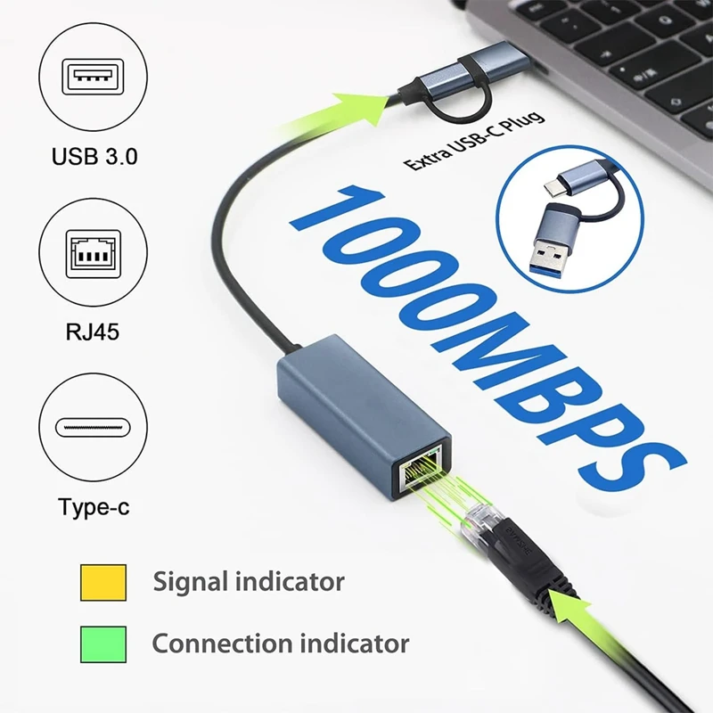 USB 3.0 To Ethernet Adapter With USB C To RJ45 Gigabit LAN 1000 Mbps Wired Network, Network Adapter, For Windows Durable