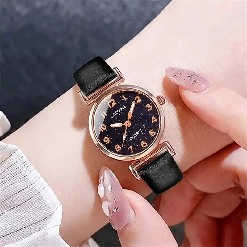 5pcs Set Women Fashion Casual Leather Belt Watches Simple Ladies Starry Sky Round Dial Quartz Wristwatches Dress Clock