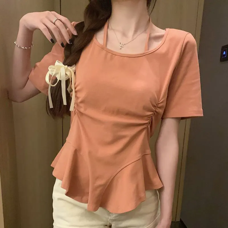 

Women's Summer Fashion Simplicity Solid Color O-neck Short Sleeve T-Shirt Women Clothes Elegant All-match Temperament Slim Tops