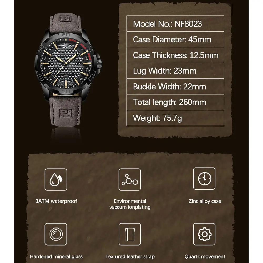 NAVIFORCE Brand Men Fashion Quartz Watches Male Leather Strap Sport Waterproof Wristwatches Calendar Men Clock Relogio Masculino