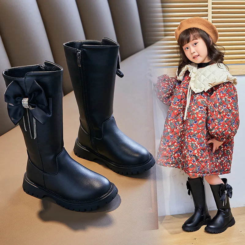 2024 Autumn New Children's Boots Soft Sole Anti slip Kids Long Boots Fashion Bow Girls Princess Leather Boots