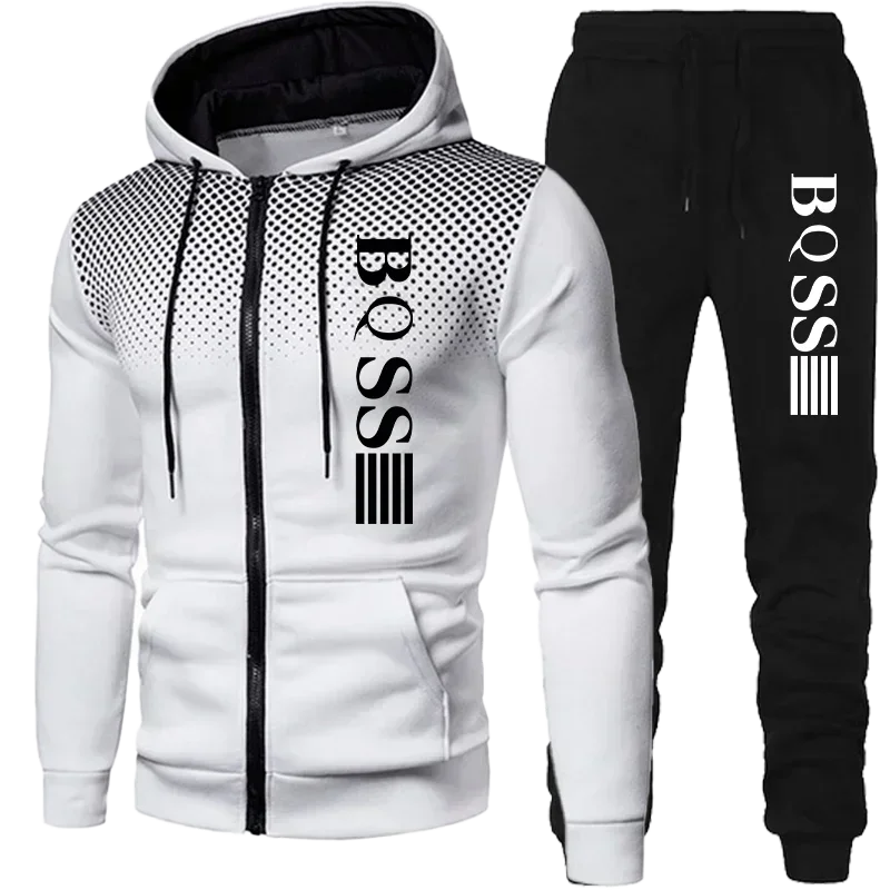 New autumn and winter men's casual blazer set, stylish outdoor jogging hooded zipper hoodie + trousers two-piece set