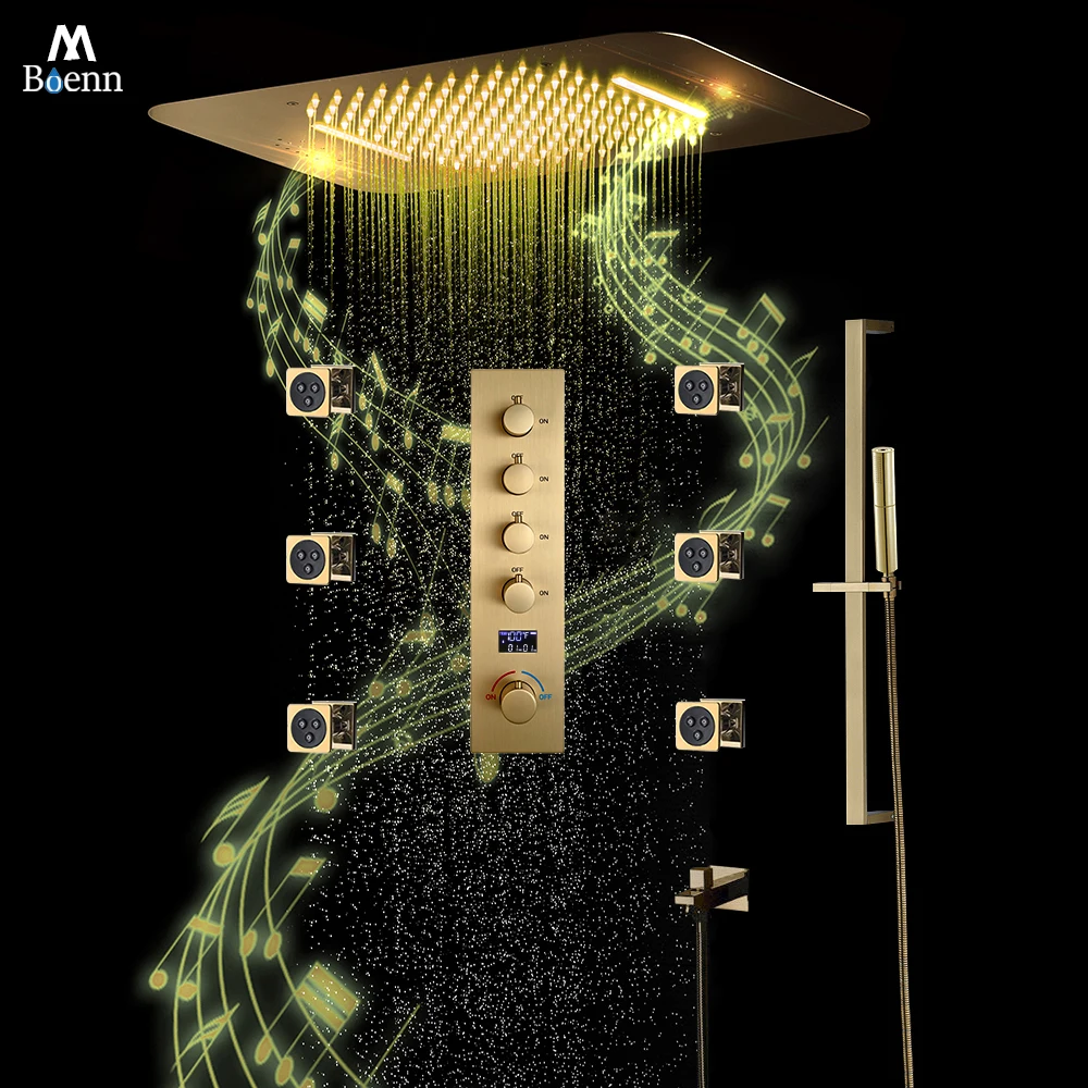 M Boenn Luxurious Brushed Gold Rainfall Shower System Set Bathroom Hot and Cold Shower Faucet Waterfall Massage Music Showerhead