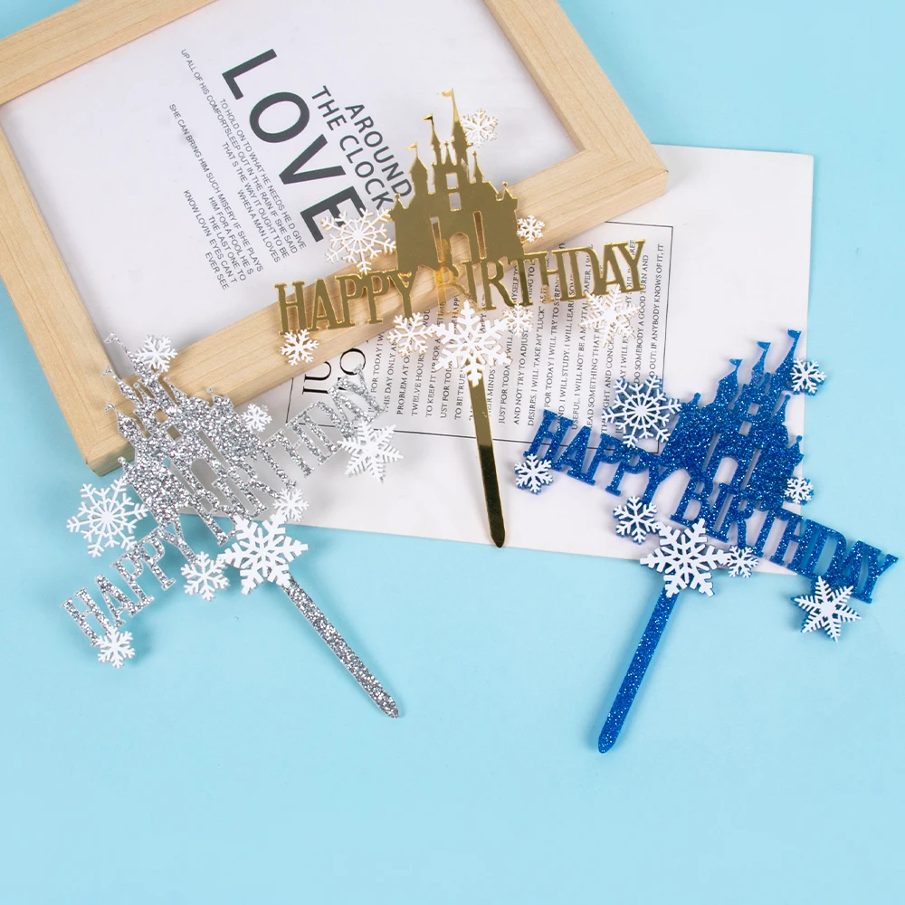 Snowflake Castle Cake Topper Acrylic Birthday Party Cake Decoration Snow Theme Birthday Party Supplies Girls Party Cake Topper