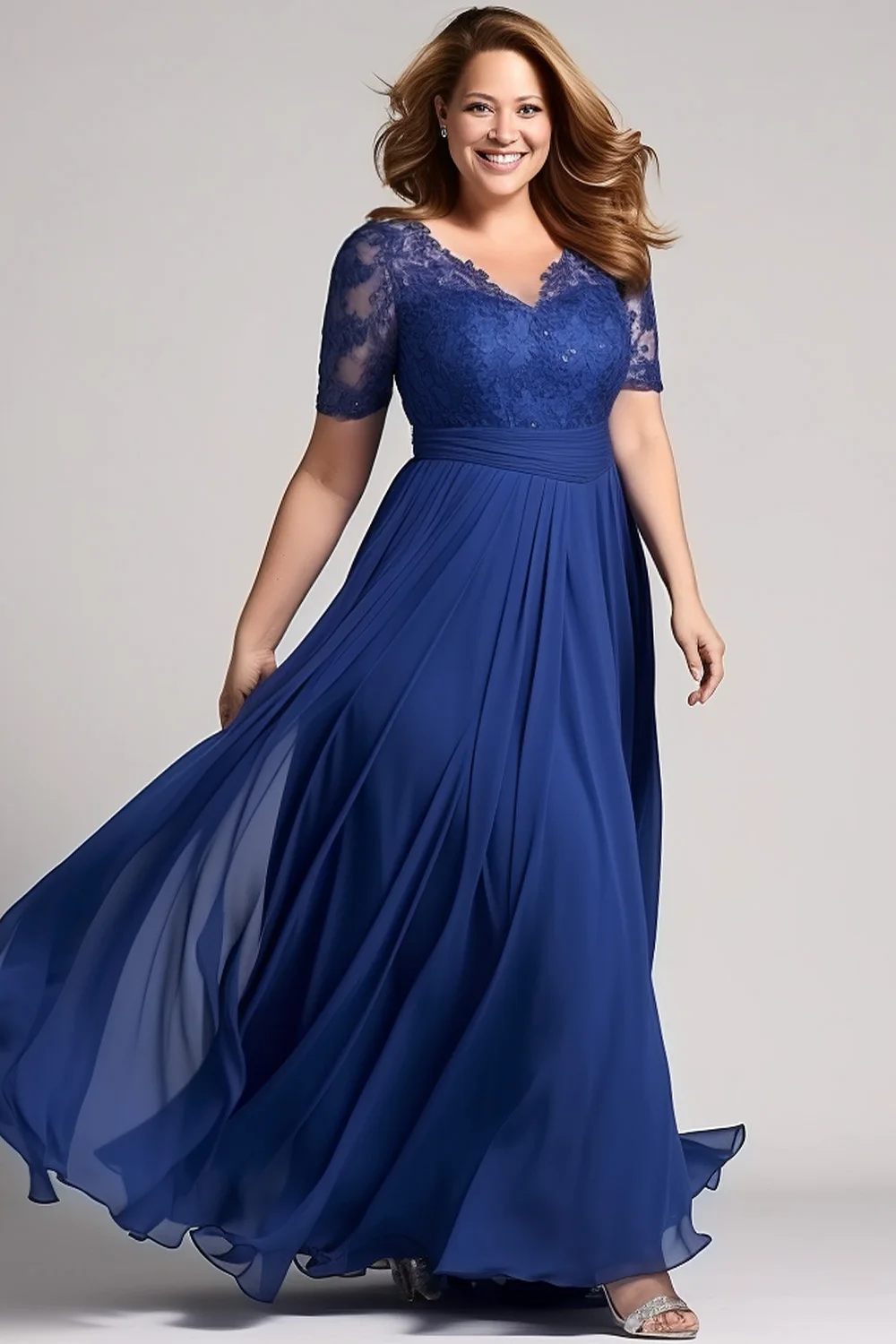 

Flycurvy Plus Size Wedding Guest Royal Blue Chiffon Lace Maxi Dress