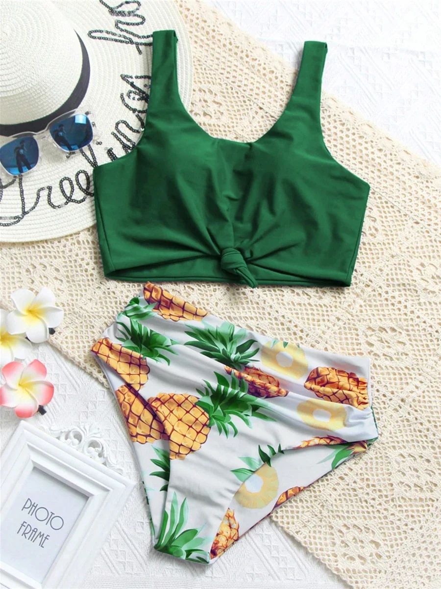 2025 High Waist Bikini Printed Swimsuit Women Sexy Tie Front Swimwear Female Bathers Bathing Swimming Swim Suit Beachwear