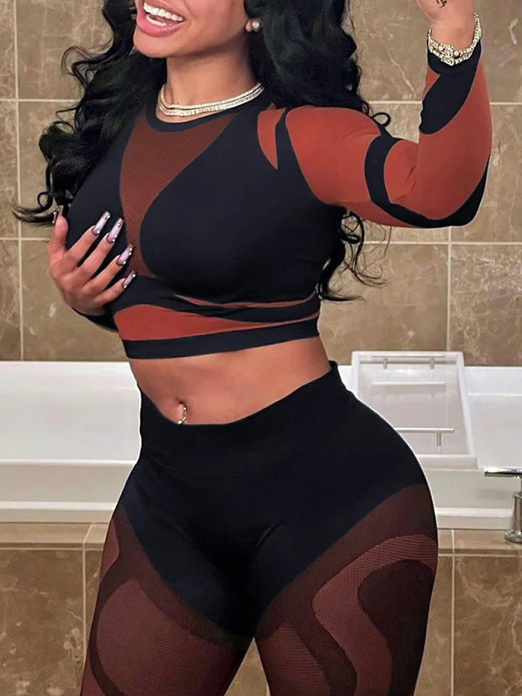 LW Sexy Pant 2 Piece Sets Women Outfit 2024 Autumn Skinny Round Neck Crop Tops Bodycon Streetwear See Through Yoga Pants Set