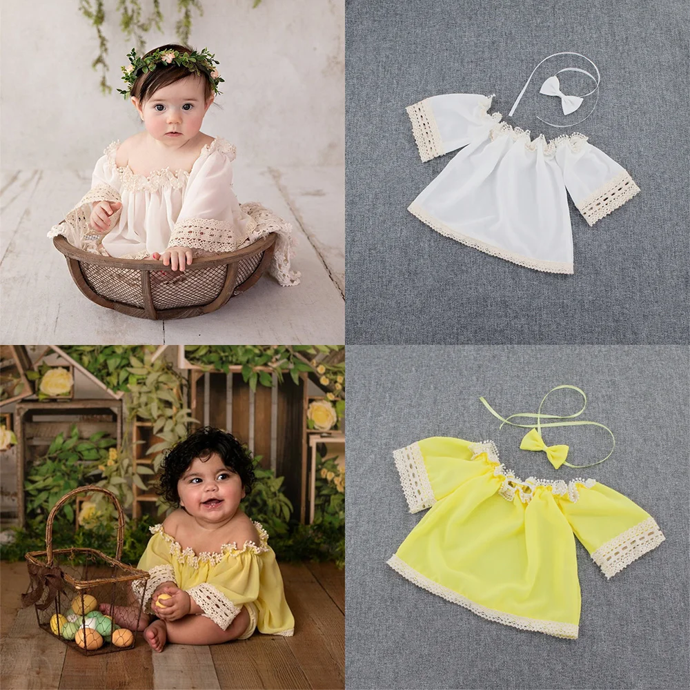 Baby Girl Clothes Newborn Photography Prop Dress Strapless Shoulder Flower Lace Skirt Outfit Infant Photo Shoot Suit Accessories