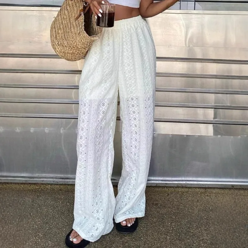 

Женские однотонные брюки с вышивкой и вырезами, повседневные, с эластичной талией, летние, удобные, подходят для повседневной носки, для шопинга, пляжа, отпуска