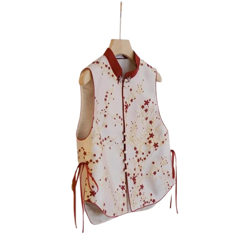 꽃 자수 조끼 여성 복고풍 중국 빈티지 민족 스타일 민소매 탑 오버 사이즈